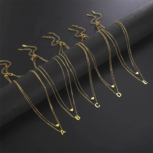 Fashion Tiny Heart Initial Necklace Gold Silver Color Multilayer Letter Choker Necklace For Women Charm Pendant Jewelry Gift
